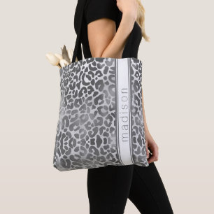 Chic Trendy Grey  Cheetah Animal Print Monogram Tote Bag
