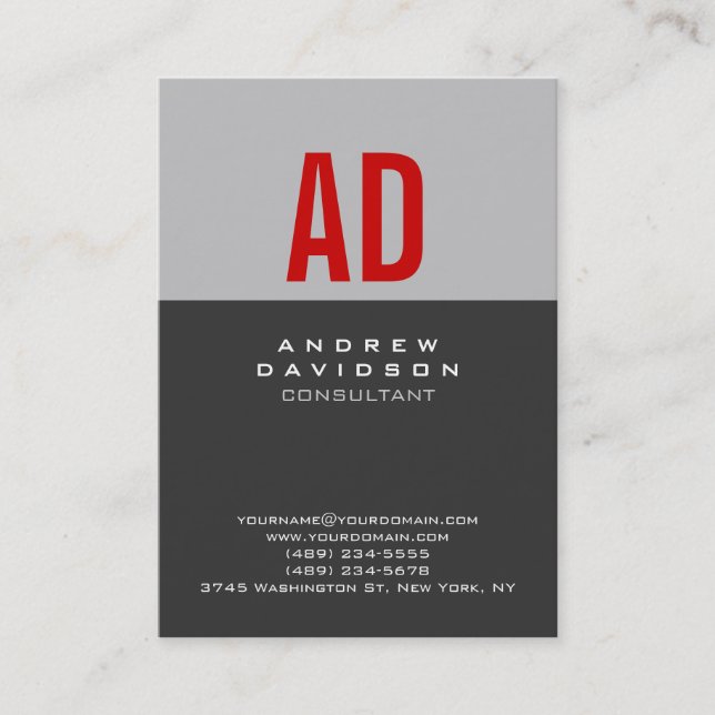 Chic Trendy Grey Stripe Red Monogram Business Card (Front)