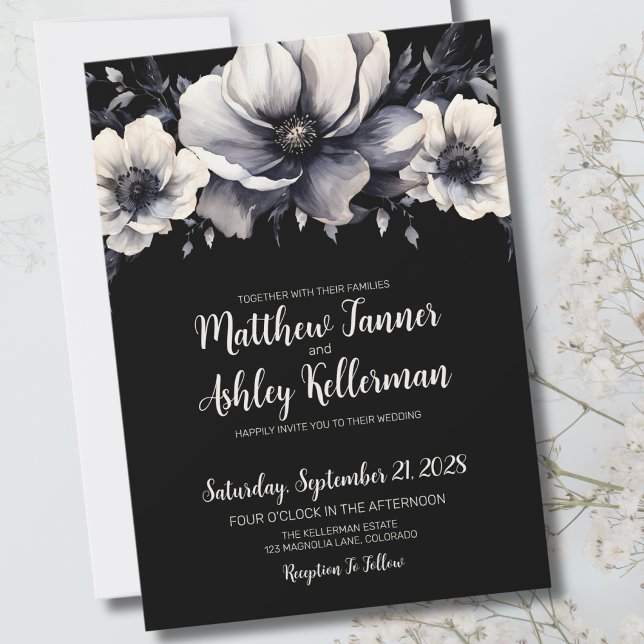 Chic Trendy Modern Black Floral Wedding Invitation (Chic Trendy Modern Black White Floral Wedding Invitation)