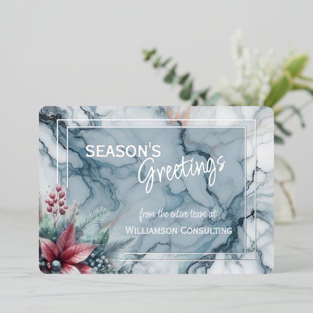 Chic Trendy Red Floral Berries On Teal Blue Marble Foil Holiday Card (Standing Front)