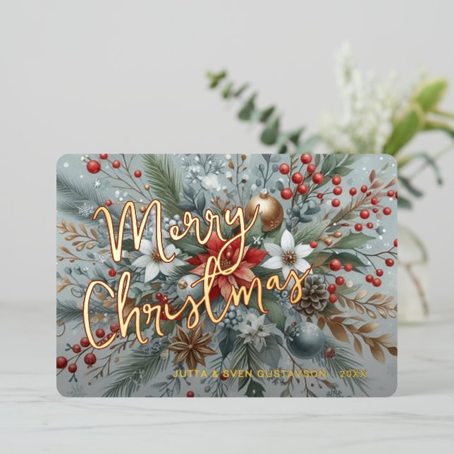 Chic Trendy Red Floral Berries Wreath Gold Foil Holiday Card (Standing Front)
