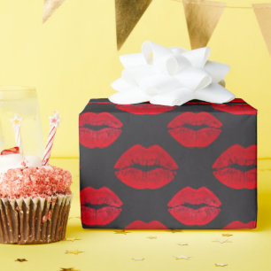 Chic Trendy Red Lip Kisses on Black Modern Wrapping Paper