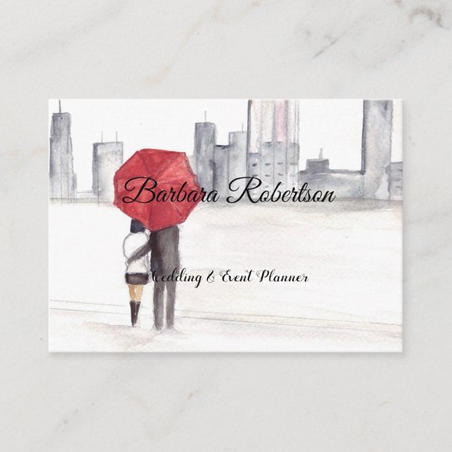 Chic trendy Red Umbrella Love couple Wedding Busin Business Card (Front)