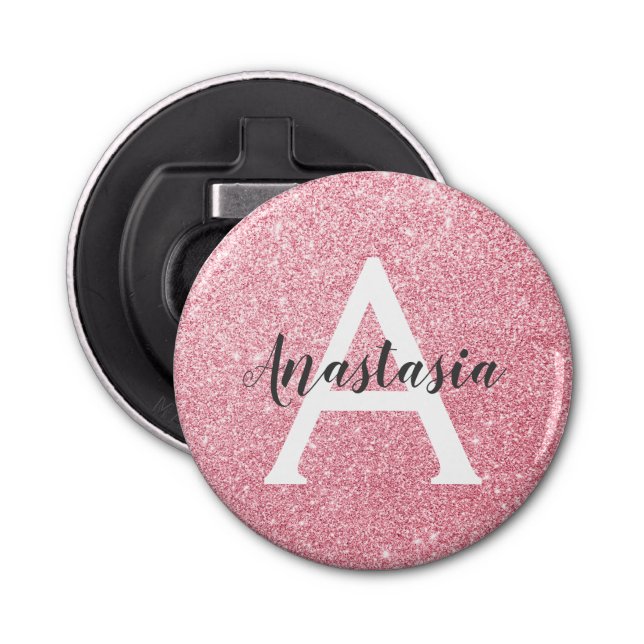 Chic & Trendy Rose Gold Glitter Sparkles Monogram Bottle Opener (Front)