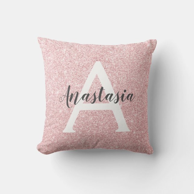 Chic & Trendy Rose Gold Glitter Sparkles Monogram Cushion (Front)