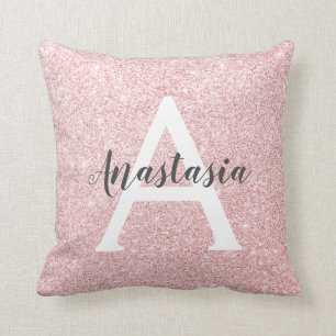 Chic & Trendy Rose Gold Glitter Sparkles Monogram Cushion