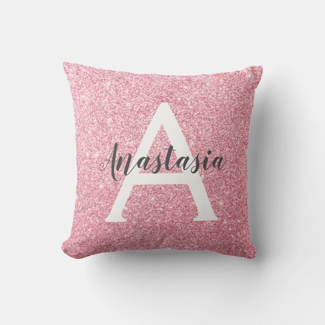 Chic & Trendy Rose Gold Glitter Sparkles Monogram Cushion (Front)