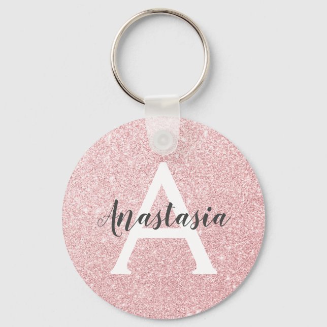 Chic & Trendy Rose Gold Glitter Sparkles Monogram Key Ring (Front)