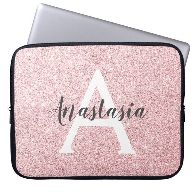 Chic & Trendy Rose Gold Glitter Sparkles Monogram Laptop Sleeve (Front)