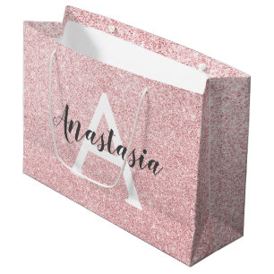 Chic & Trendy Rose Gold Glitter Sparkles Monogram Large Gift Bag