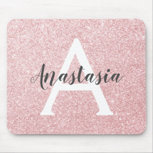 Chic & Trendy Rose Gold Glitter Sparkles Monogram Mouse Mat