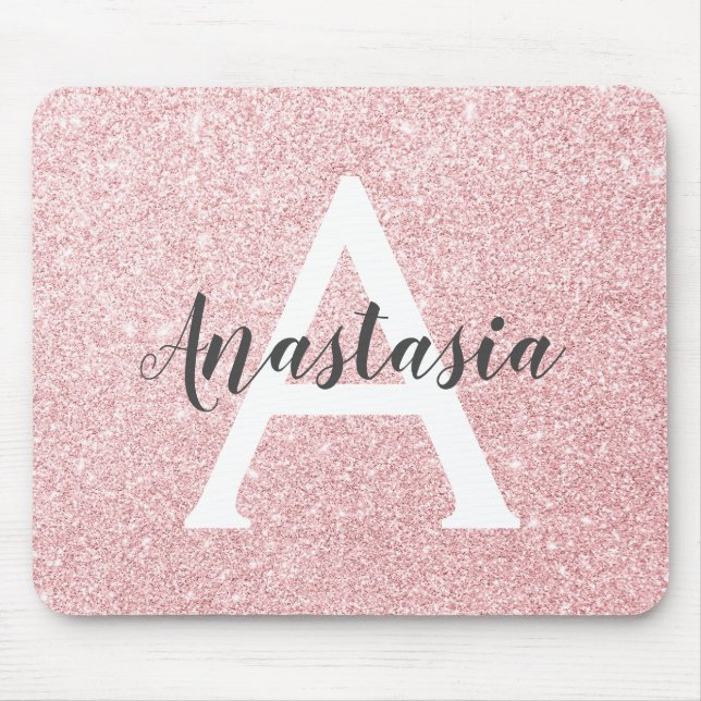 Chic & Trendy Rose Gold Glitter Sparkles Monogram Mouse Mat (Front)