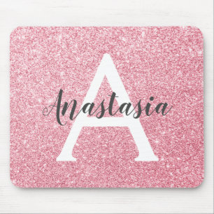 Chic & Trendy Rose Gold Glitter Sparkles Monogram Mouse Mat