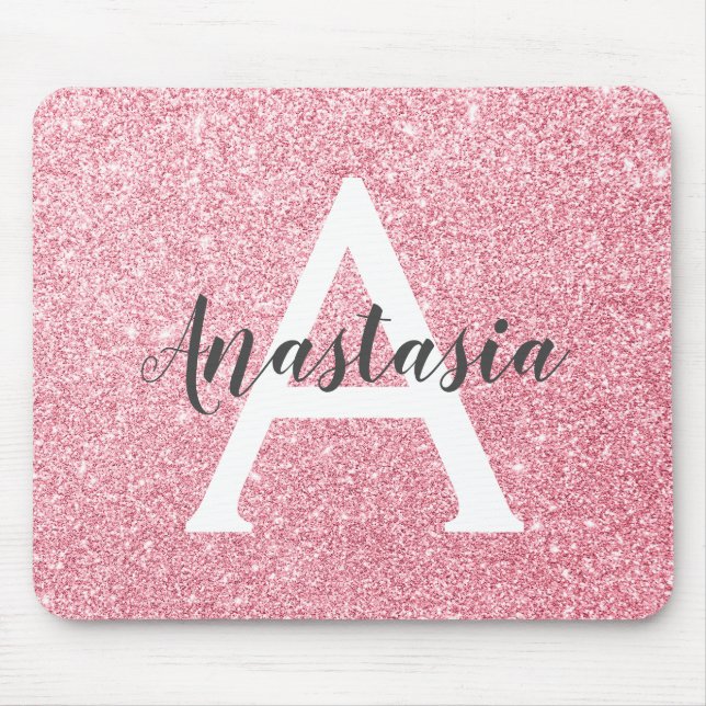 Chic & Trendy Rose Gold Glitter Sparkles Monogram Mouse Mat (Front)