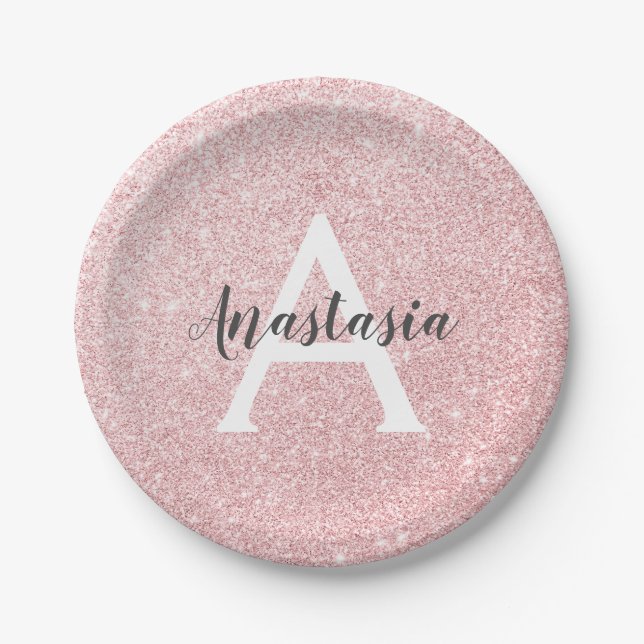 Chic & Trendy Rose Gold Glitter Sparkles Monogram Paper Plate (Front)