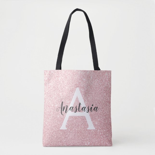 Chic & Trendy Rose Gold Glitter Sparkles Monogram Tote Bag (Front)