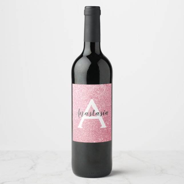 Chic & Trendy Rose Gold Glitter Sparkles Monogram Wine Label (Front)