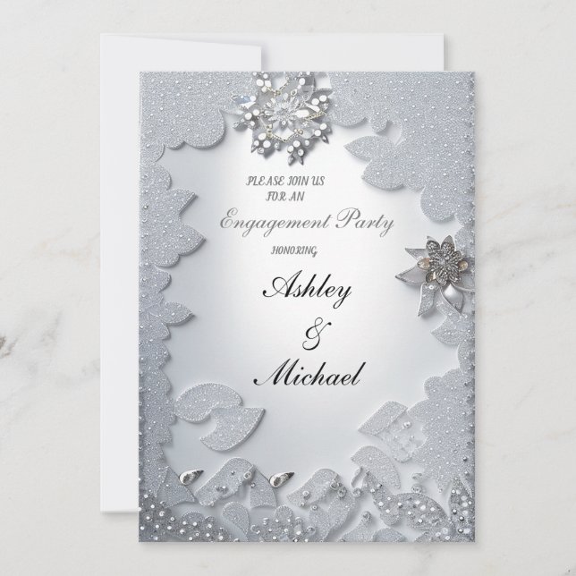 chic trendy silver engagement jewels diamonds  invitation (Front)