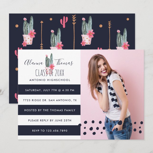 Chic Trendy Watercolor Cactus Plant Grad Invite (Front/Back)