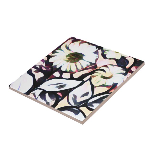 Chic Trendy White + Pink Artsy Flowers  Tile (Side)