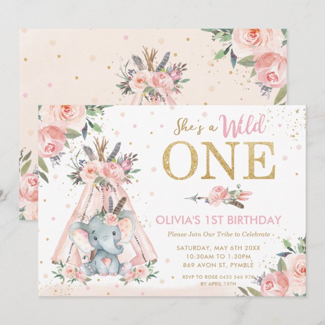 Chic Tribal Floral Elephant Wild One 1st Birthday Invitation (Front/Back)