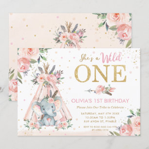 Chic Tribal Floral Elephant Wild One 1st Birthday Invitation