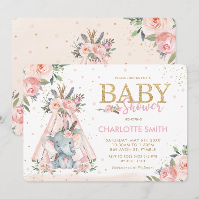Chic Tribal Pink Floral Elephant Girl Baby Shower Invitation (Front/Back)