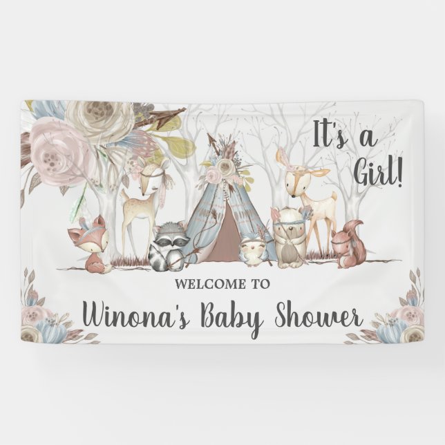 Chic Tribal Woodland Animals Baby Shower Backdrop Banner (Horizontal)