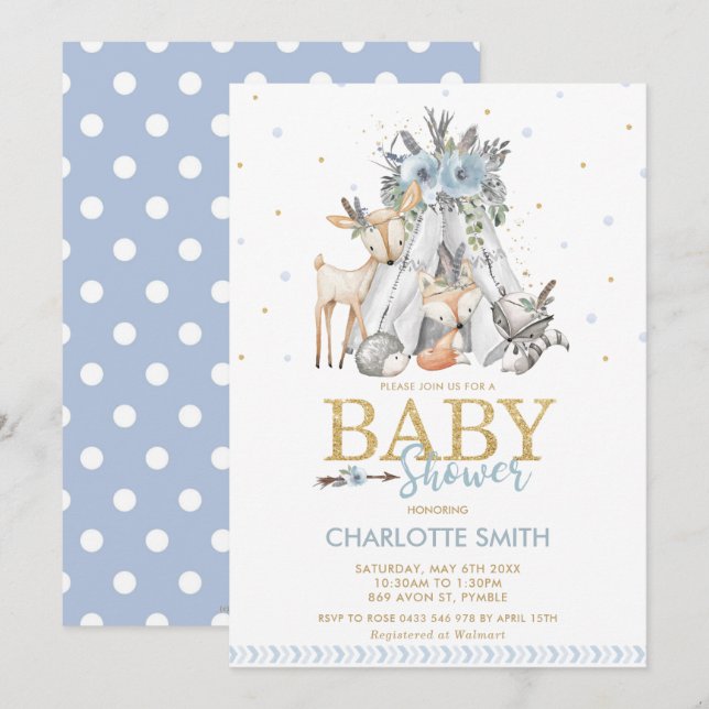 Chic Tribal Woodland Animals Blue Boy Baby Shower Invitation (Front/Back)