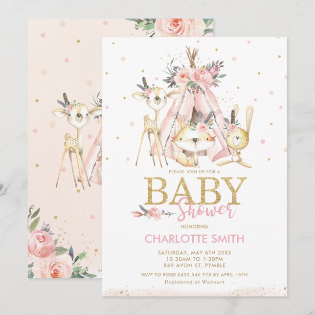 Chic Tribal Woodland Animals Pink Girl Baby Shower Invitation (Front/Back)