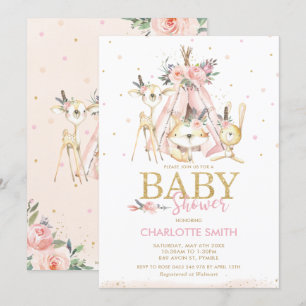 Chic Tribal Woodland Animals Pink Girl Baby Shower Invitation