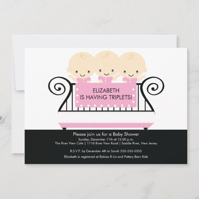 Chic TRIPLETS in Crib Baby Shower Invitation PInk (Front)