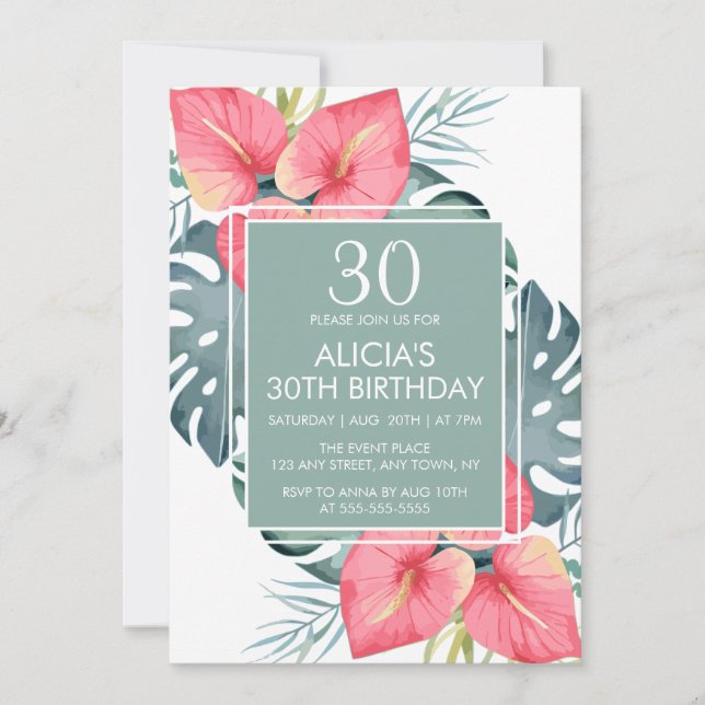 Chic Tropical Anthurium & Monstera Birthday Invitation (Front)