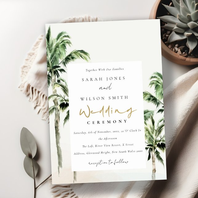 Chic Tropical Beach Palm Trees Watercolor Wedding Invitation (Creator Uploaded)