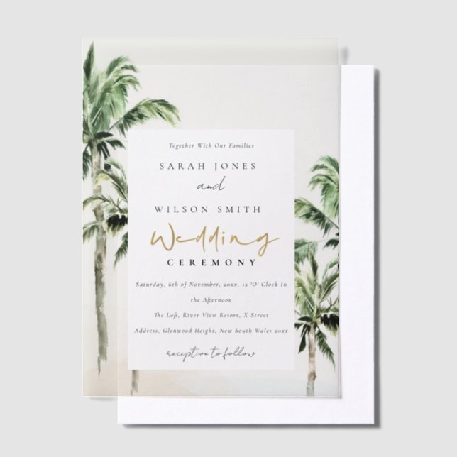 Chic Tropical Beach Palm Trees Watercolor Wedding Vellum Invitations (Offset)