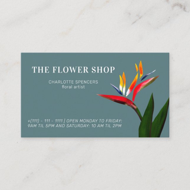 Chic tropical bird of paradise floral illustration business card (Front)