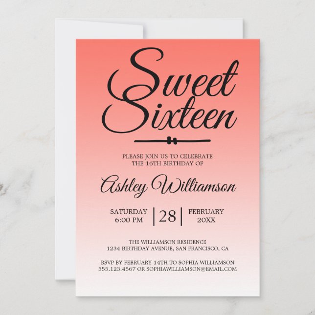 Chic Tropical Coral Ombre Sweet 16 16th Birthday Invitation (Front)