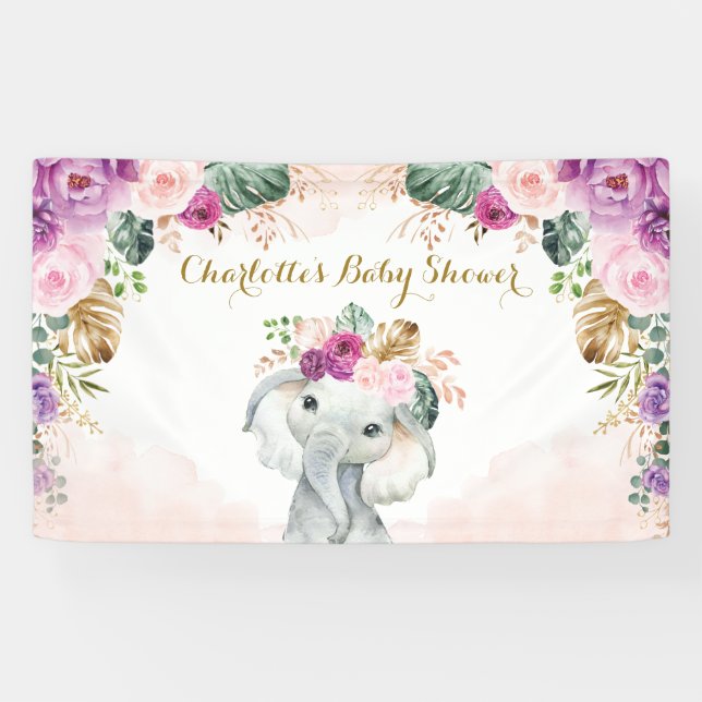 Chic Tropical Elephant Floral Greenery Baby Shower Banner (Horizontal)