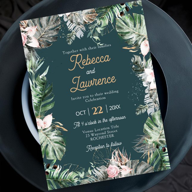 Chic tropical floral foliage wedding invitation (Creator Uploaded)