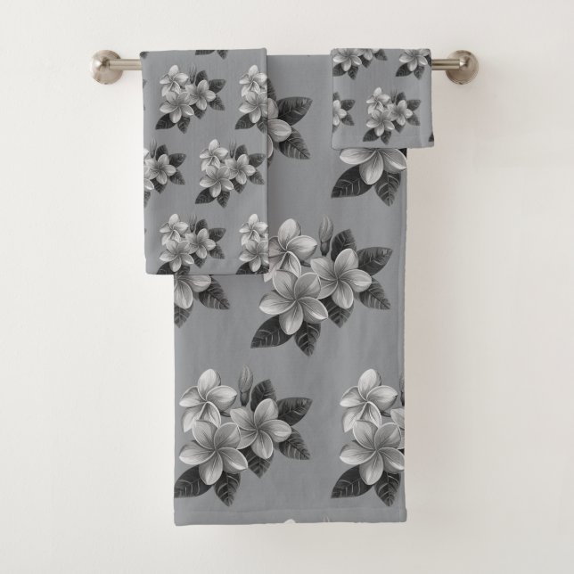 Chic Tropical Flowers on Silver Grey Bath Towel Set (Insitu)