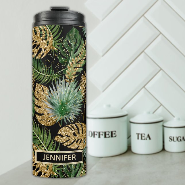 Chic Tropical Green Palm Leaves Gold Glitter Name Thermal Tumbler (Creator Uploaded)