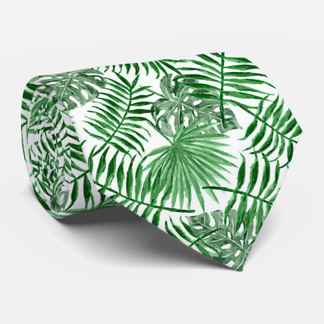 Chic Tropical Green Palm Tree Leaves Summer Art Tie (Rolled)