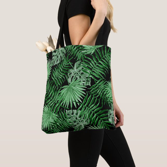 Chic Tropical Green Palm Tree Leaves Summer Art Tote Bag (Close Up)