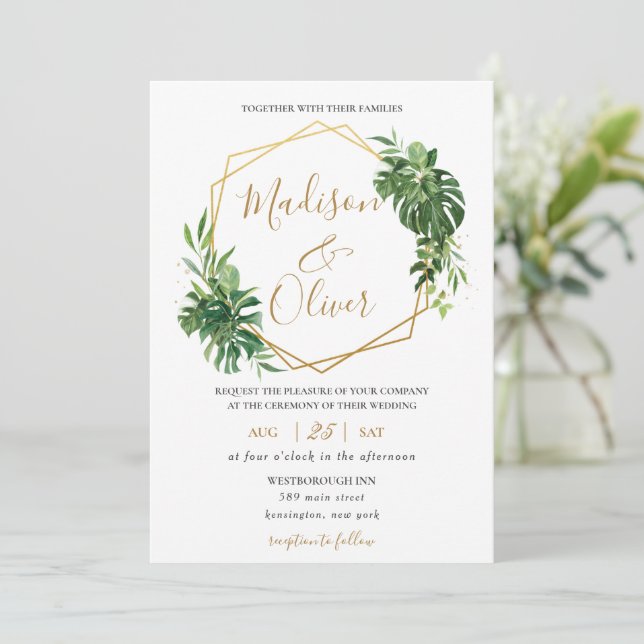 Chic Tropical Greenery Gold Geometric Wedding Invitation (Standing Front)