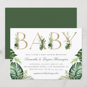 Chic Tropical Greenery Gold Typography Baby Shower Invitation