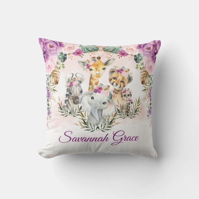 Chic Tropical Jungle Safari Wild Animals Baby Girl Cushion (Front)