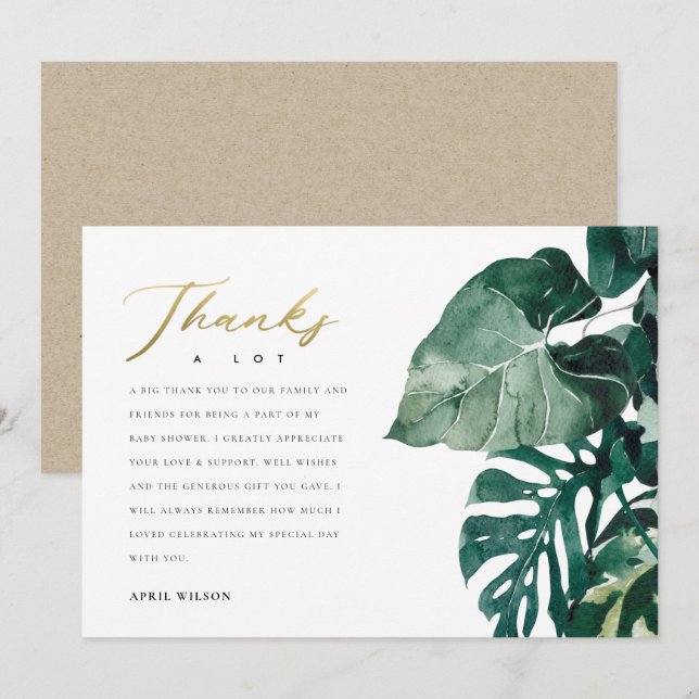 Chic Tropical Monstera Foliage Green Baby Shower Thank You Card (Front/Back)