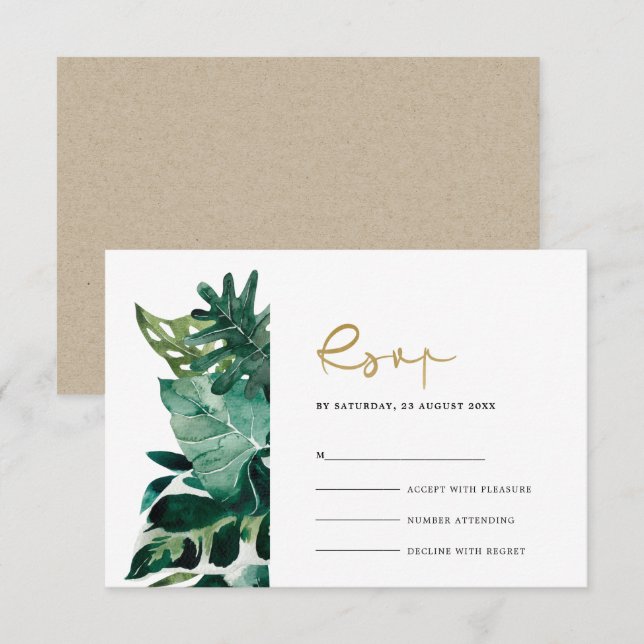 Chic Tropical Monstera Foliage Green Wedding Rsvp  Enclosure Card (Front/Back)