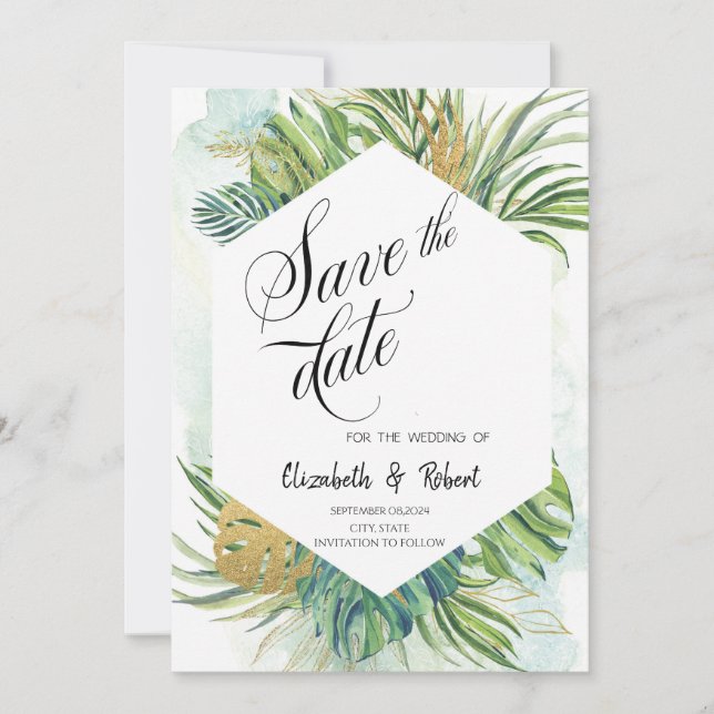 Chic Tropical Palm Leaves Summer Save The Date (Front)