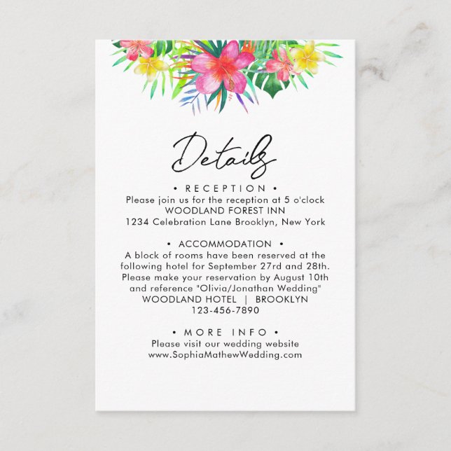 Chic Tropical Paradise Watercolor Wedding Details Enclosure Card (Front)